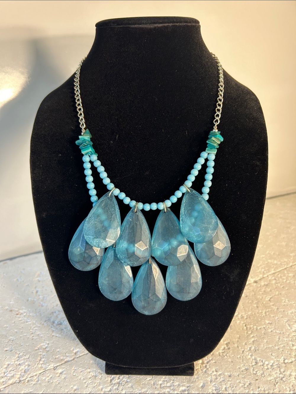 Turquoise Teardrop Statement Necklace Vintage Boho Coastal Resort Retro